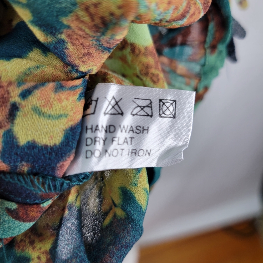 Violet & Claire Sheer Crinkle Blouse Green Teal Brown Tie at Cuffs Fringe XL - Picture 10 of 12